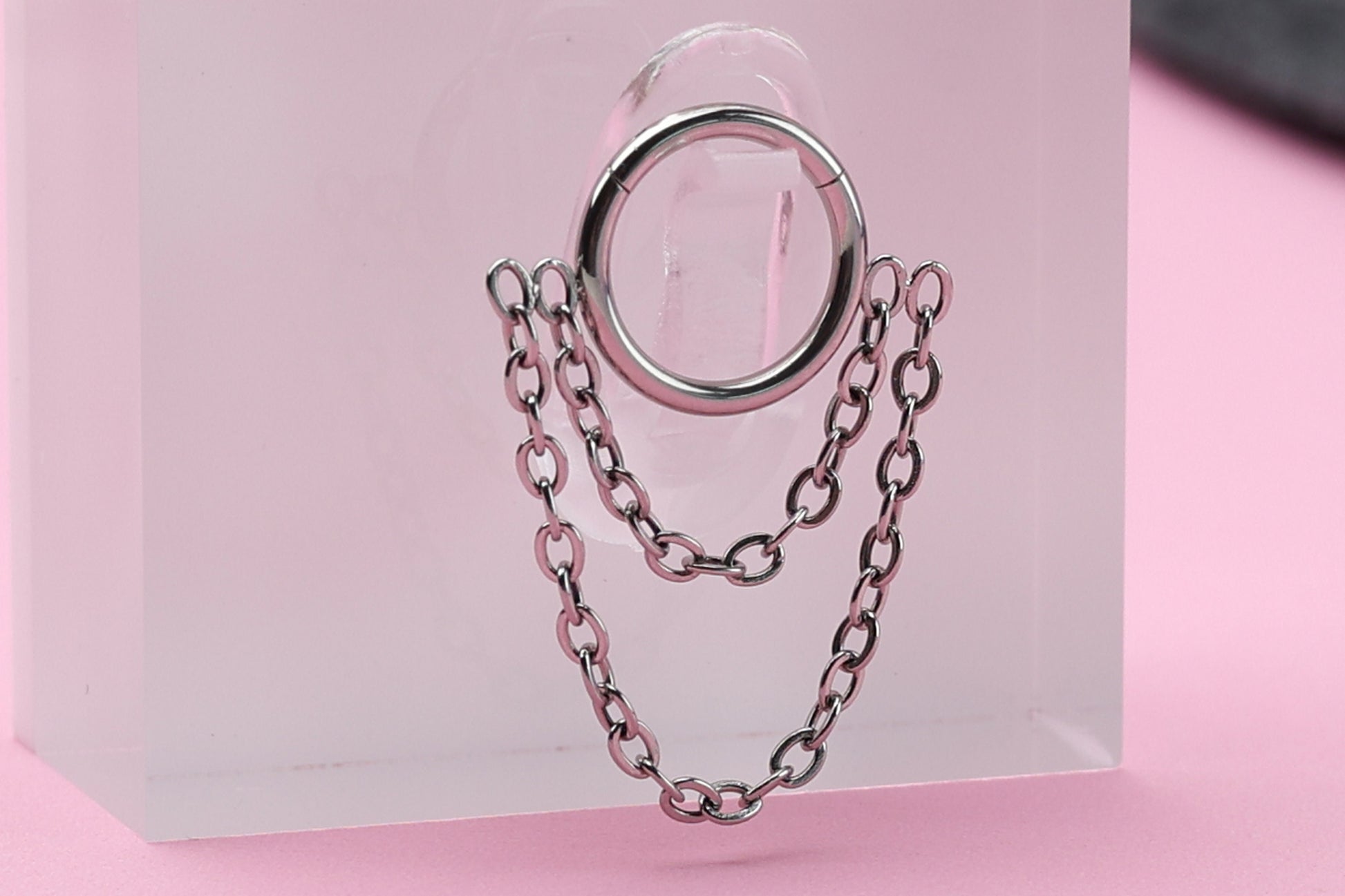 Double Chain Septum Ring, Nose Ring, Hinged Clicker Hoop, Huggies with Chain, Surgical Steel, Helix or Conch Hoop