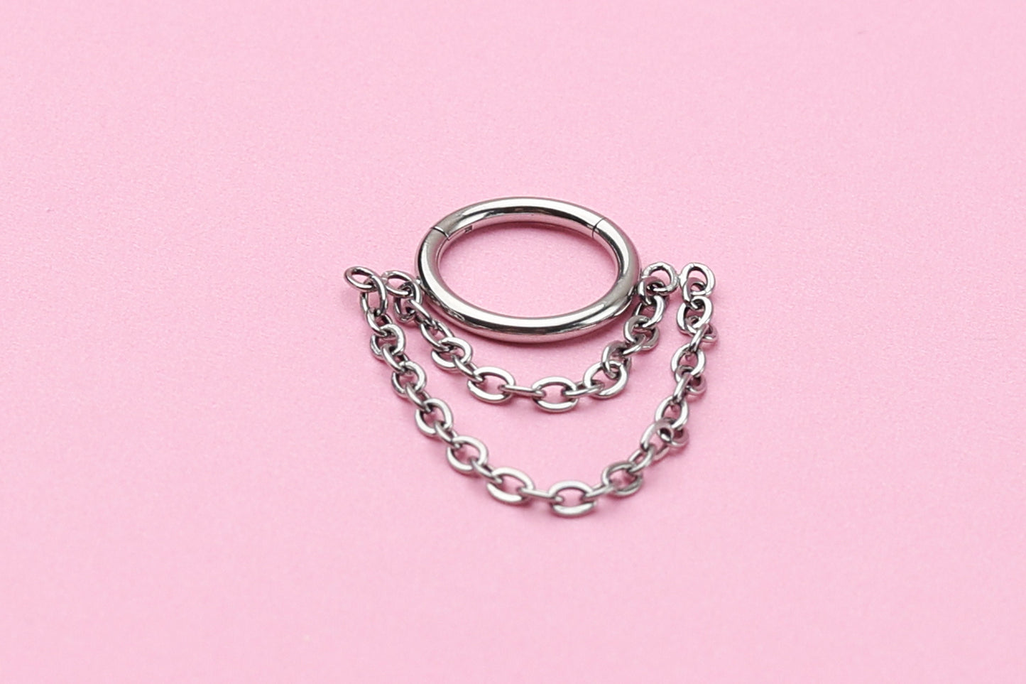 Double Chain Septum Ring, Nose Ring, Hinged Clicker Hoop, Huggies with Chain, Surgical Steel, Helix or Conch Hoop