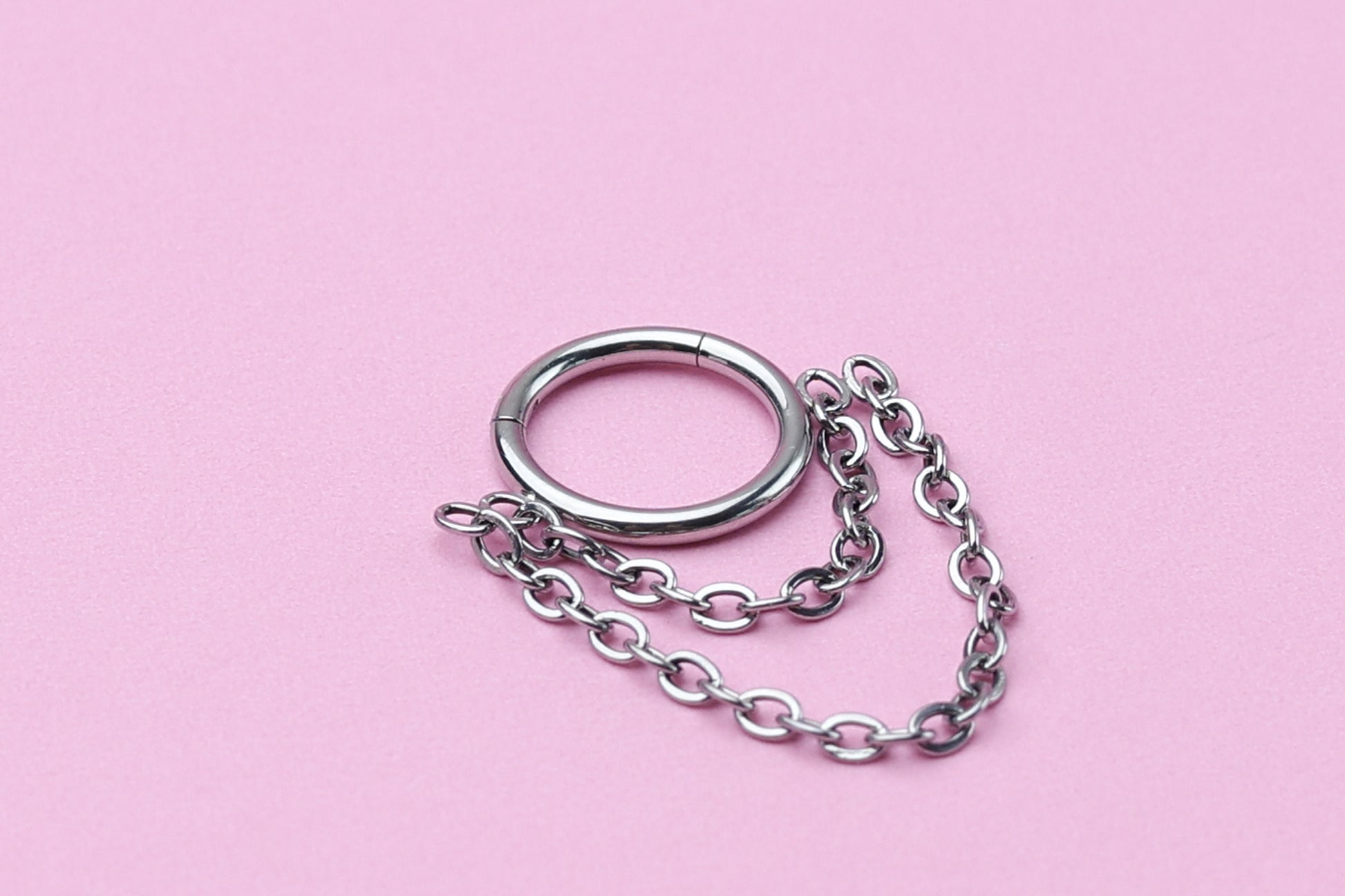 Double Chain Septum Ring, Nose Ring, Hinged Clicker Hoop, Huggies with Chain, Surgical Steel, Helix or Conch Hoop