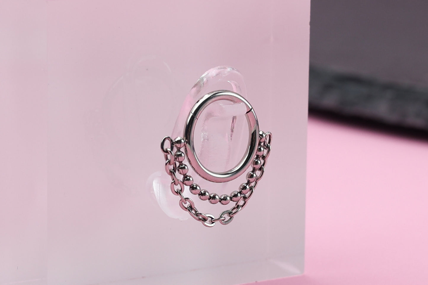 Double Chain Septum Ring, Nose Ring, Hinged Clicker Hoop, Huggies with Chain, Surgical Steel, Helix or Conch Hoop