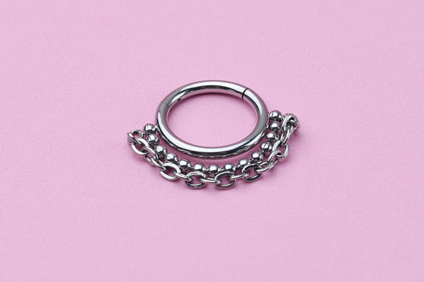 Double Chain Septum Ring, Nose Ring, Hinged Clicker Hoop, Huggies with Chain, Surgical Steel, Helix or Conch Hoop