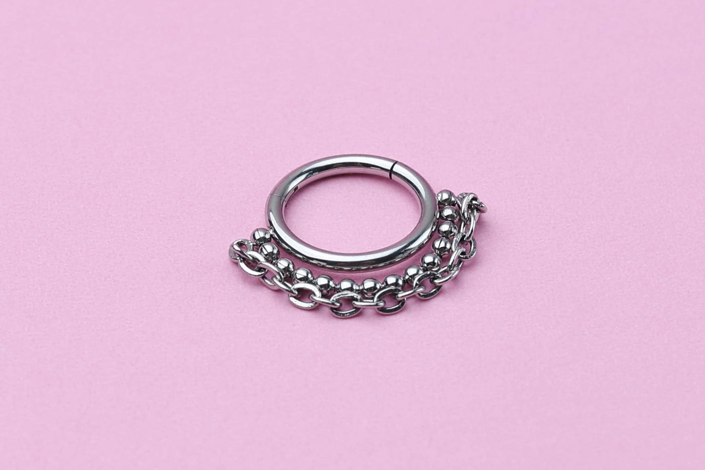 Double Chain Septum Ring, Nose Ring, Hinged Clicker Hoop, Huggies with Chain, Surgical Steel, Helix or Conch Hoop