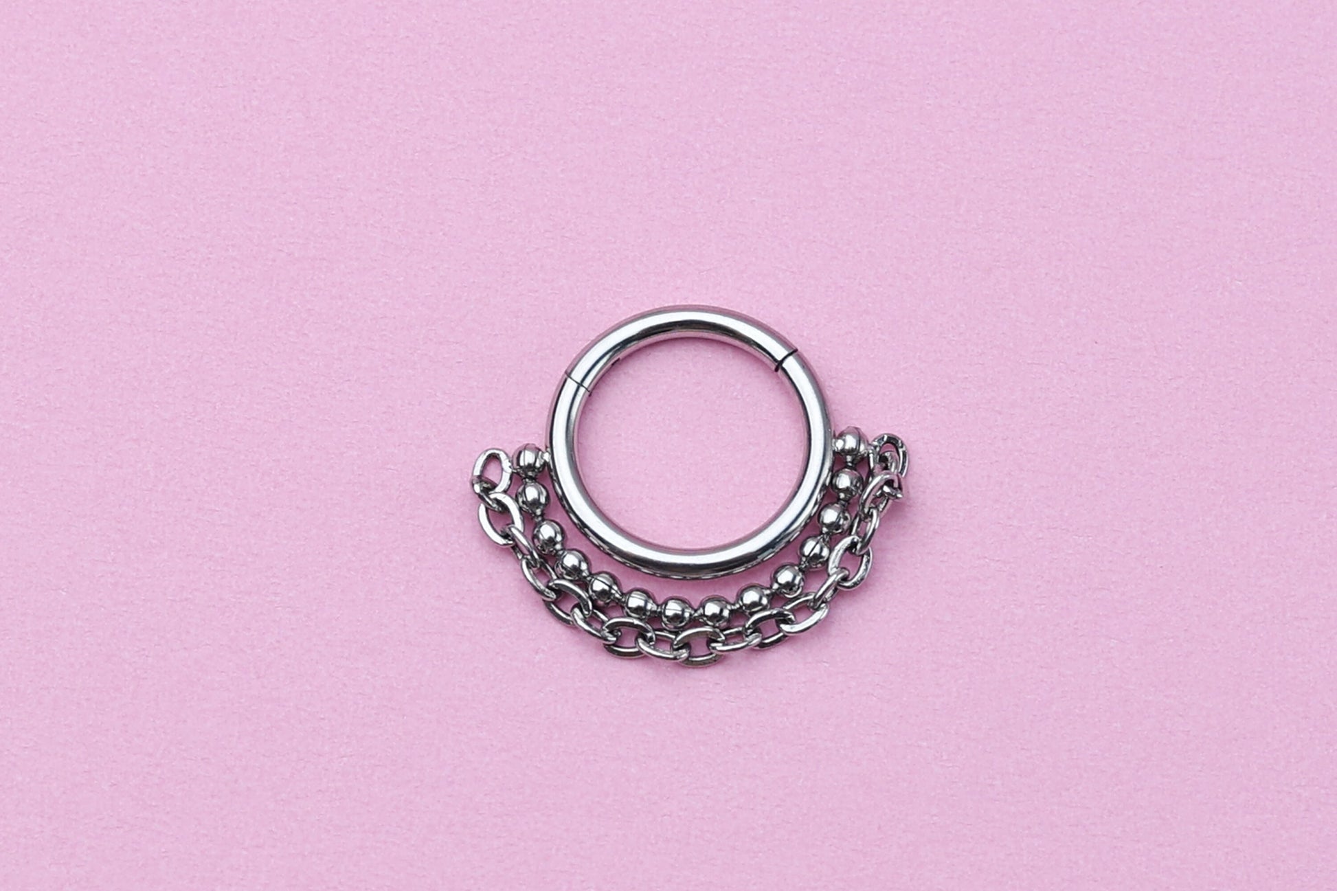 Double Chain Septum Ring, Nose Ring, Hinged Clicker Hoop, Huggies with Chain, Surgical Steel, Helix or Conch Hoop