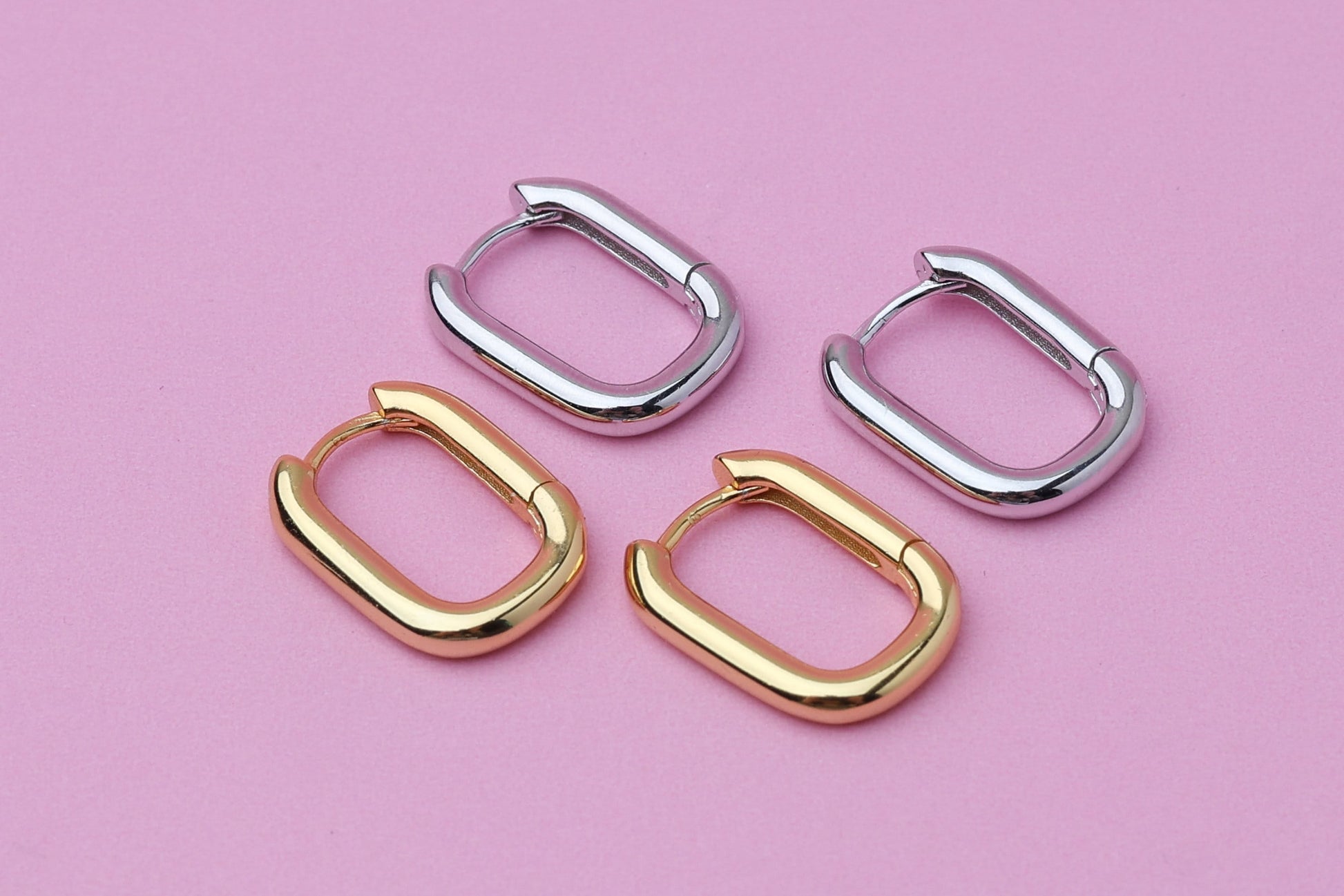 Pair of Small Rectangular Hoop Earrings in Sterling Silver, Square Hoop Earrings, Oval Hoop Earrings, Chunky Hoop Earrings, Silver or Gold