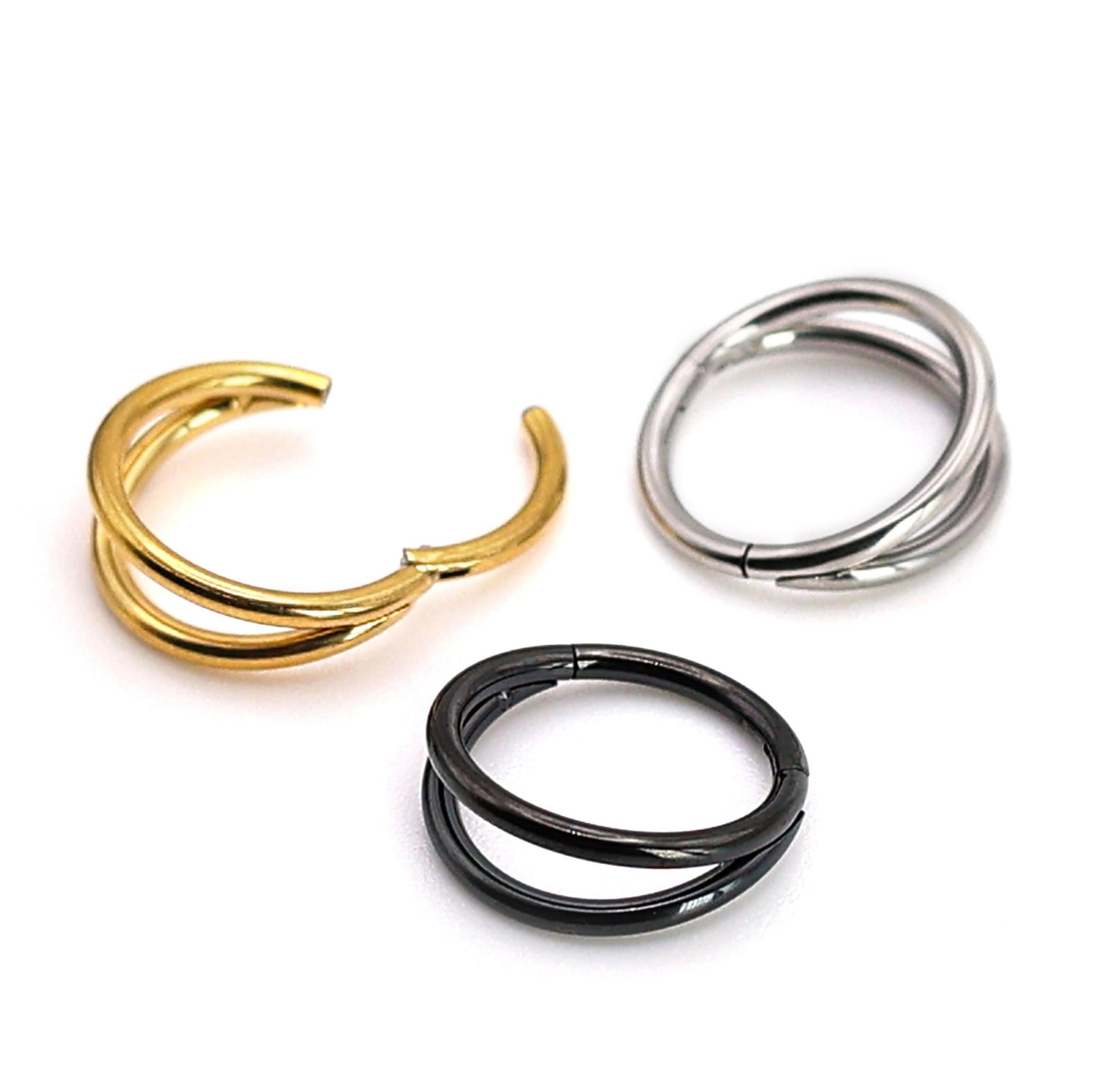 Double Stacked Stainless Steel Septum Ring - 2 Hoop Septum Clicker 16 Gauge 1.2mm Waterdrop Hinged Segment Clicker - Nose - Conch - Ear