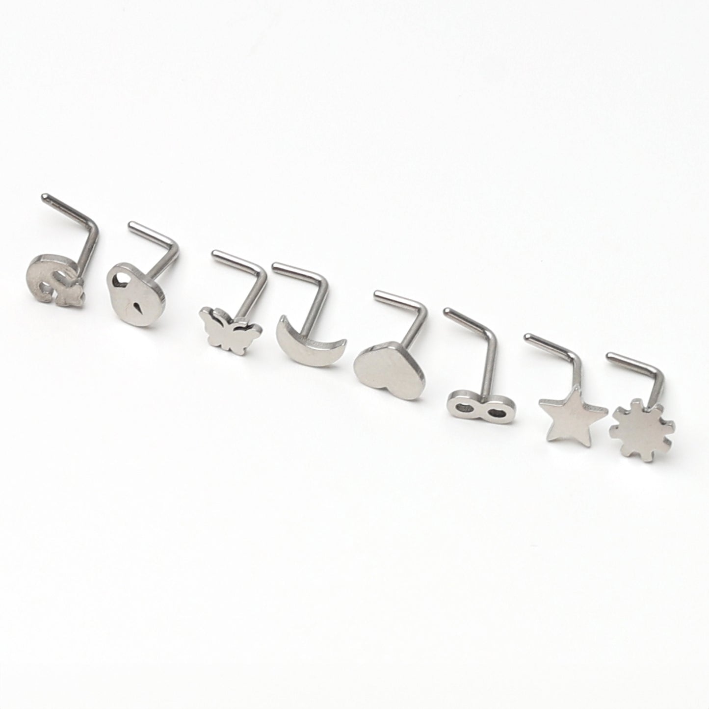 Stainless Steel L Shaped Nose Stud in various Designs including stars, hearts, infinity, butterfly, lock, for nose piercings