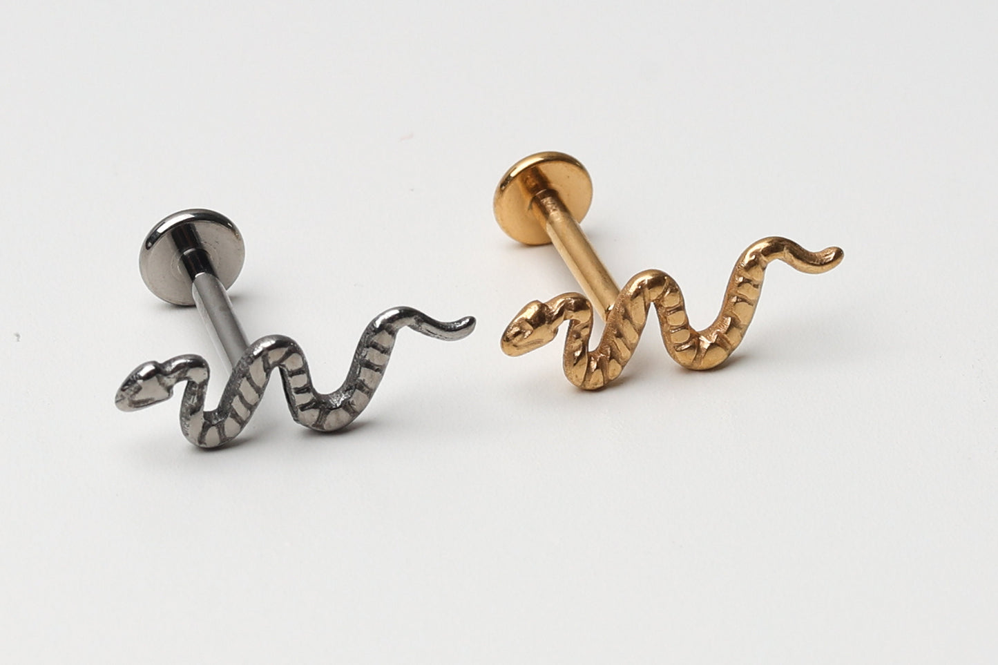 Tiny Serpent Cartilage Stud Earrings, Titanium, Snake tragus, Snake Conch Earrings, Cartilage Helix, Flat Back Labret Stud, Serpent Jewelry