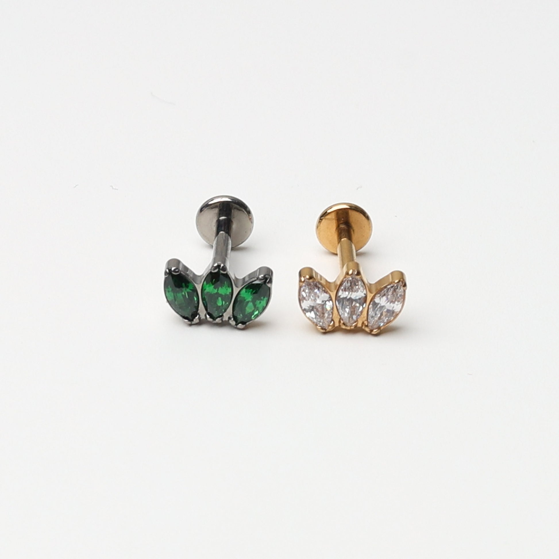 Titanium Triple Marquise Fan Stud, Clear CZ Marquise Flatback Earrings, CZ Crown Stud, Gold or Silver, Emerald Green