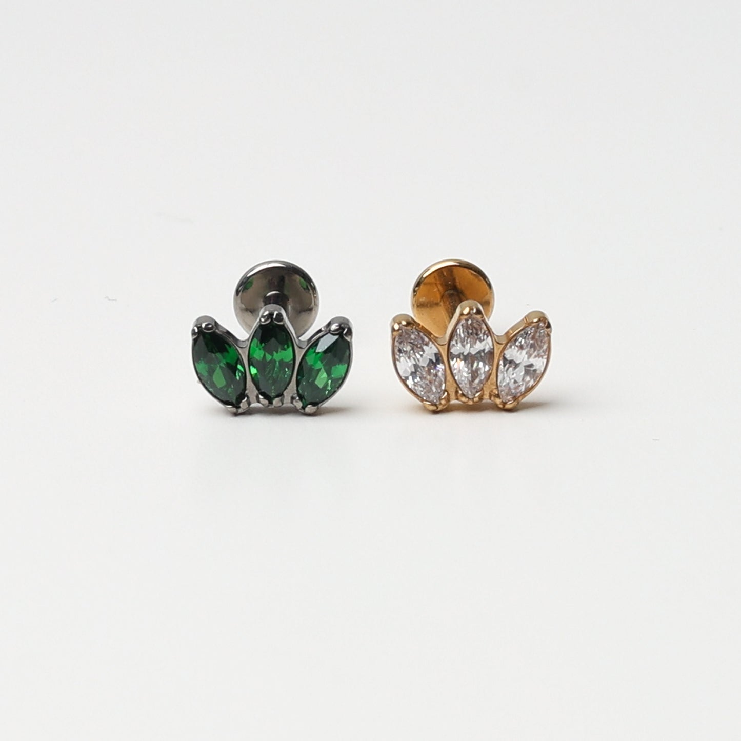 Titanium Triple Marquise Fan Stud, Clear CZ Marquise Flatback Earrings, CZ Crown Stud, Gold or Silver, Emerald Green