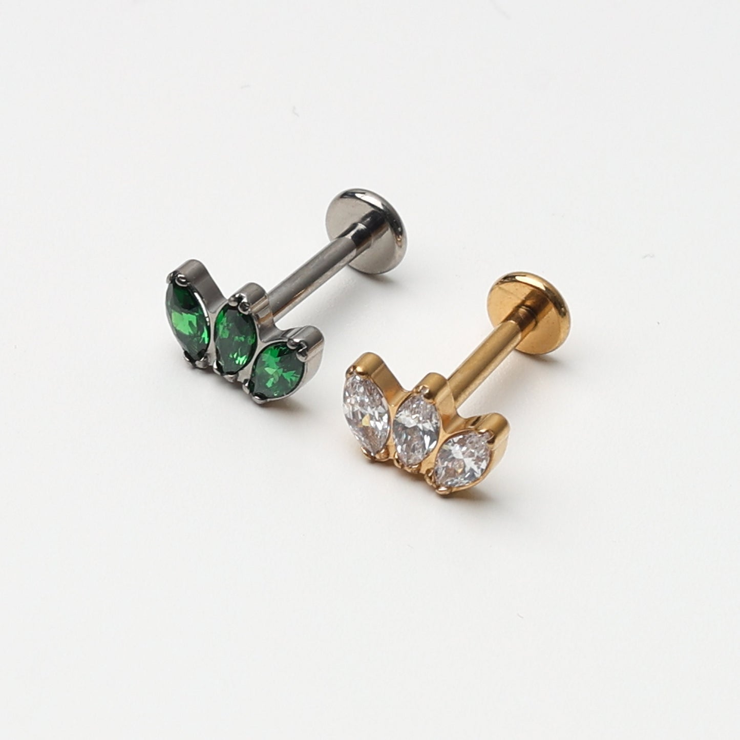 Titanium Triple Marquise Fan Stud, Clear CZ Marquise Flatback Earrings, CZ Crown Stud, Gold or Silver, Emerald Green