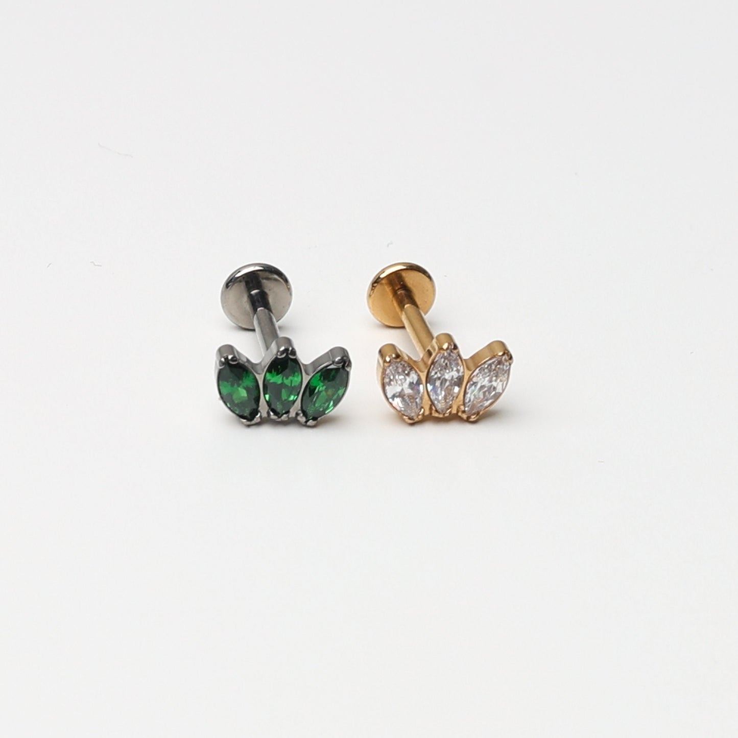 Titanium Triple Marquise Fan Stud, Clear CZ Marquise Flatback Earrings, CZ Crown Stud, Gold or Silver, Emerald Green