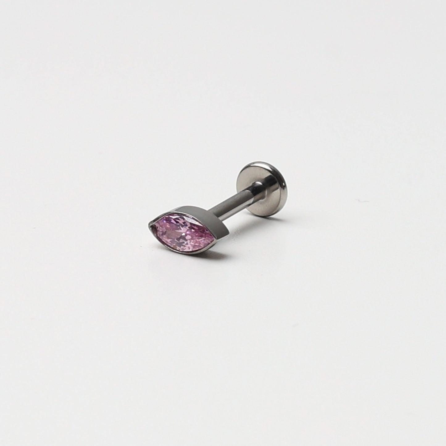 Threadless Tiny Titanium Teardrop Threadless Flatback Earring With Pink Cubic Zirconia Gem, Labret Bar, 8mm, Silver Earring, Conch Jewellery