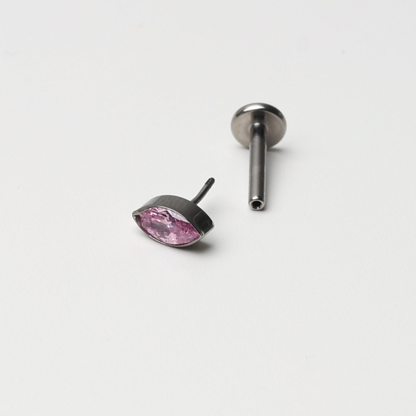 Threadless Tiny Titanium Teardrop Threadless Flatback Earring With Pink Cubic Zirconia Gem, Labret Bar, 8mm, Silver Earring, Conch Jewellery