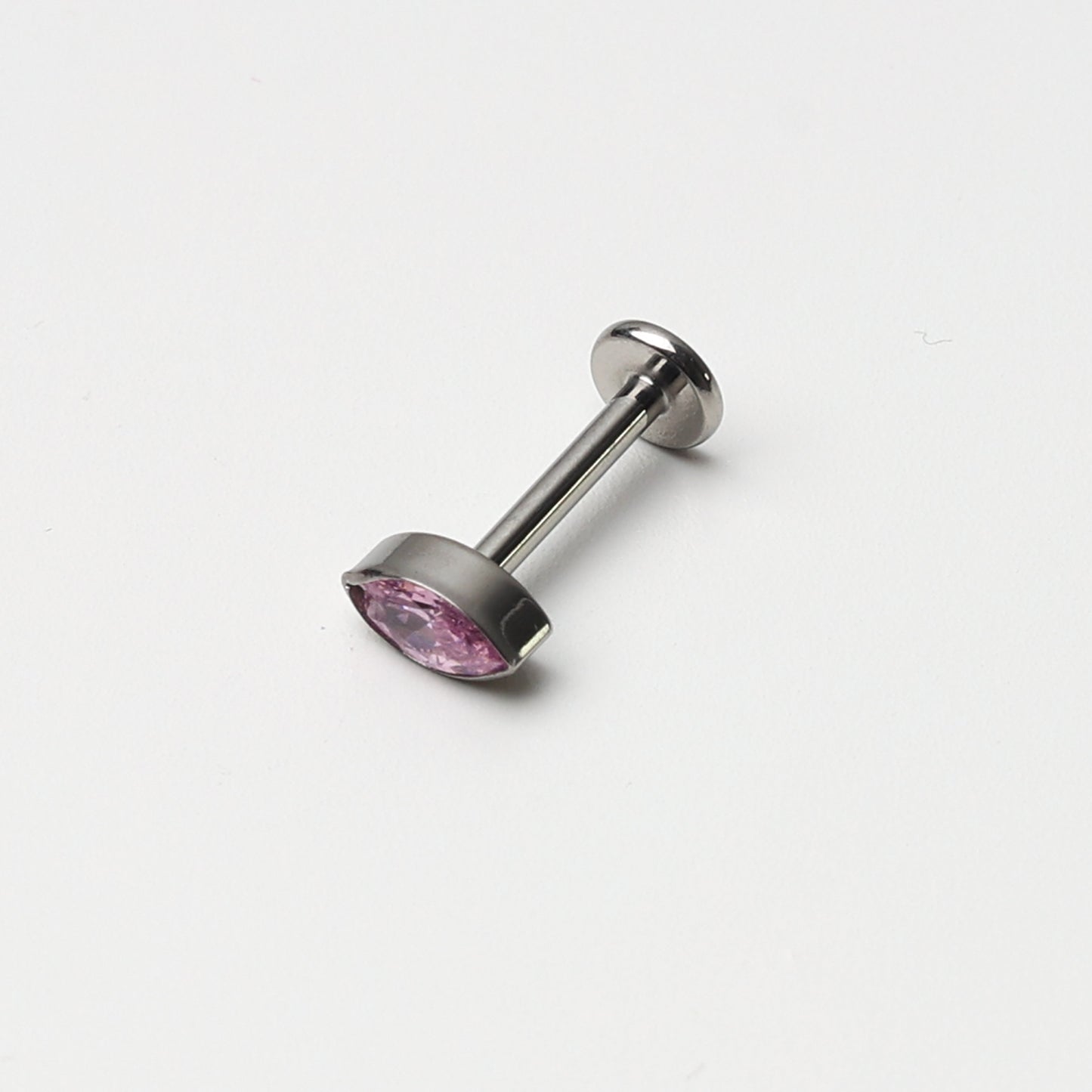 Threadless Tiny Titanium Teardrop Threadless Flatback Earring With Pink Cubic Zirconia Gem, Labret Bar, 8mm, Silver Earring, Conch Jewellery