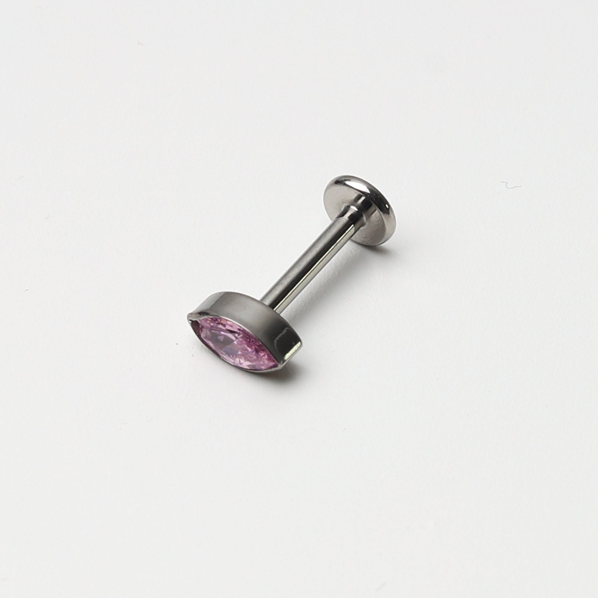 Threadless Tiny Titanium Teardrop Threadless Flatback Earring With Pink Cubic Zirconia Gem, Labret Bar, 8mm, Silver Earring, Conch Jewellery