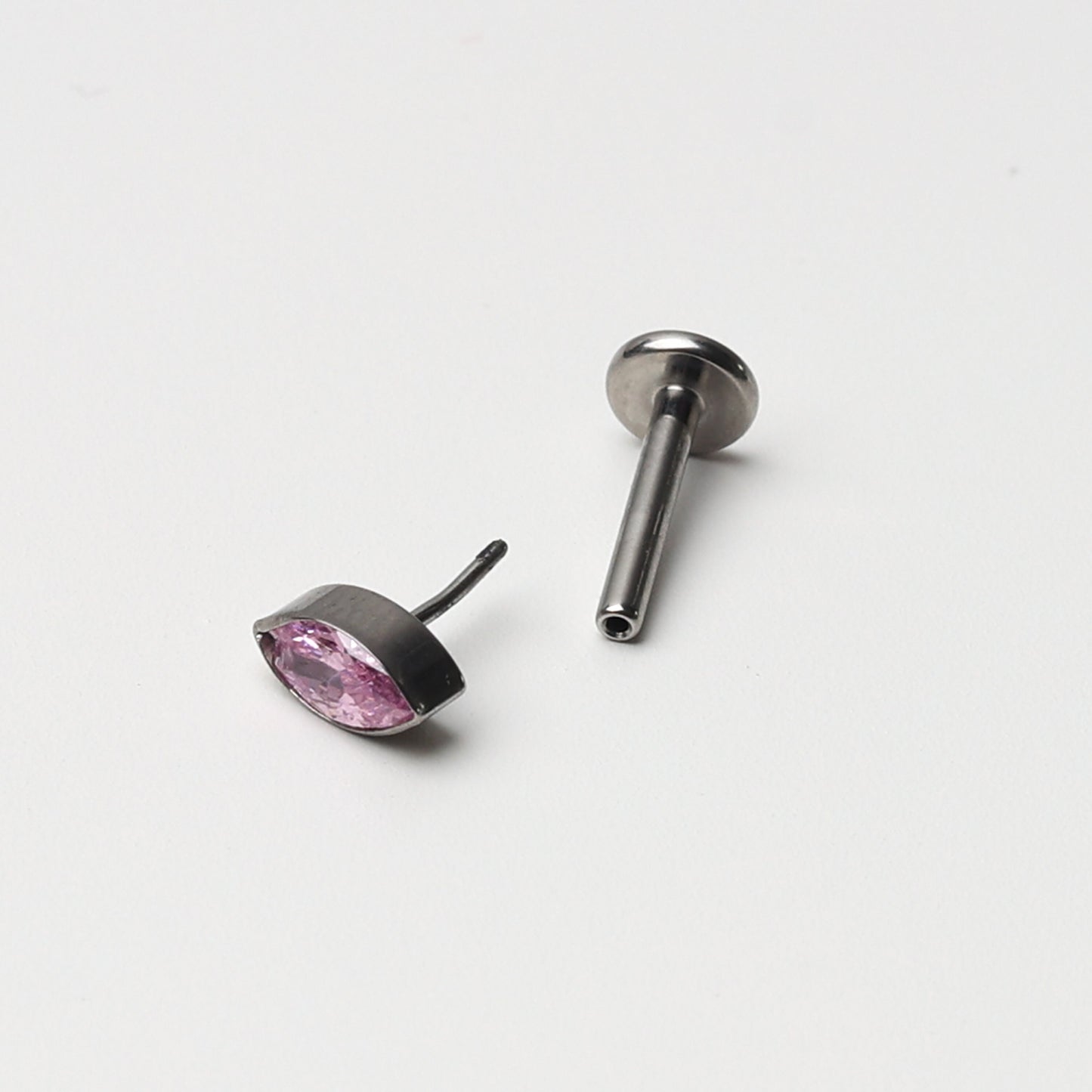 Threadless Tiny Titanium Teardrop Threadless Flatback Earring With Pink Cubic Zirconia Gem, Labret Bar, 8mm, Silver Earring, Conch Jewellery