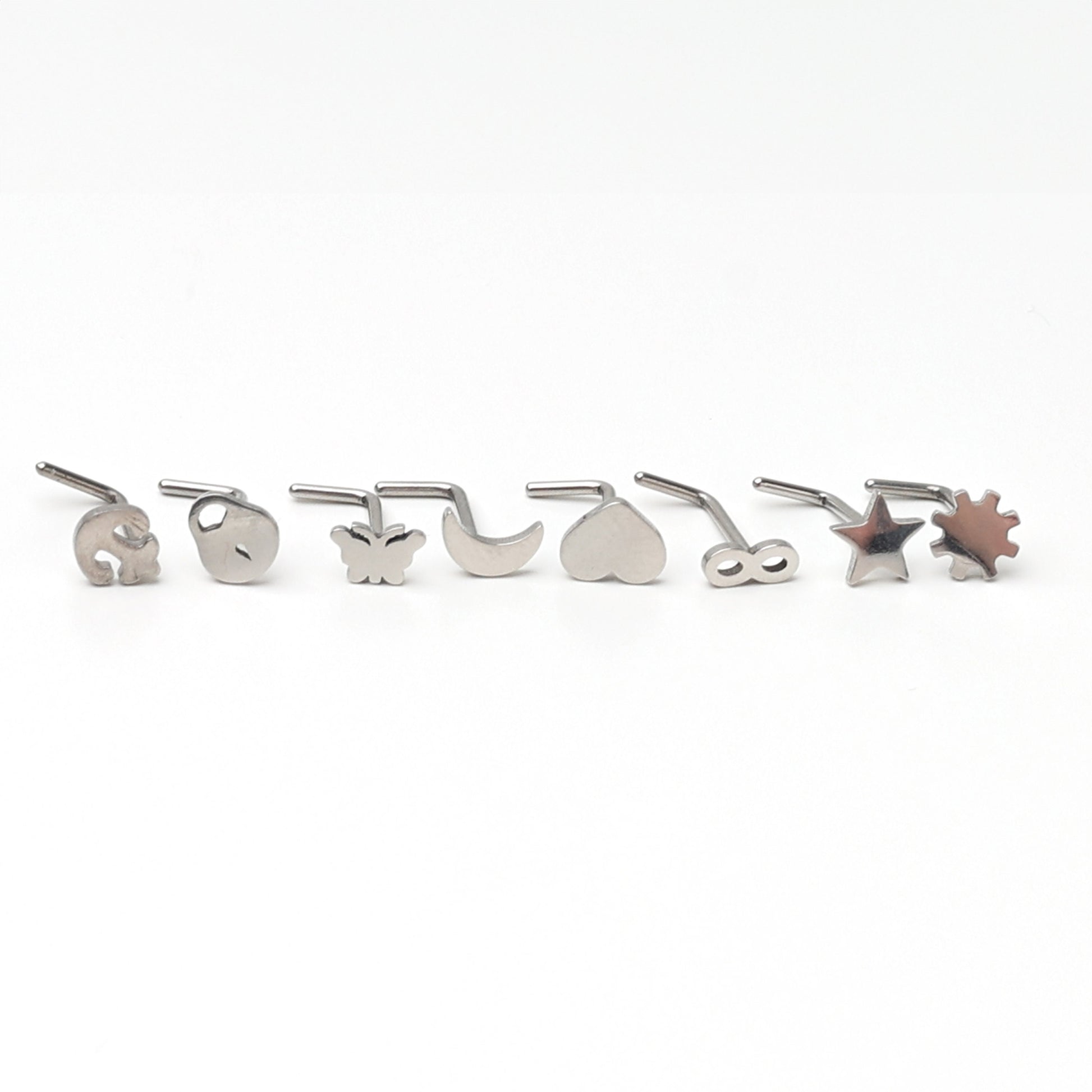 Stainless Steel L Shaped Nose Stud in various Designs including stars, hearts, infinity, butterfly, lock, for nose piercings