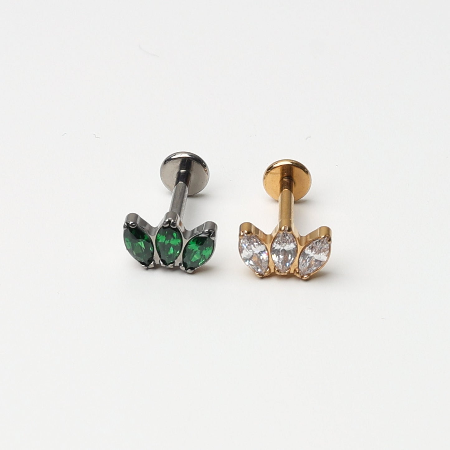 Titanium Triple Marquise Fan Stud, Clear CZ Marquise Flatback Earrings, CZ Crown Stud, Gold or Silver, Emerald Green