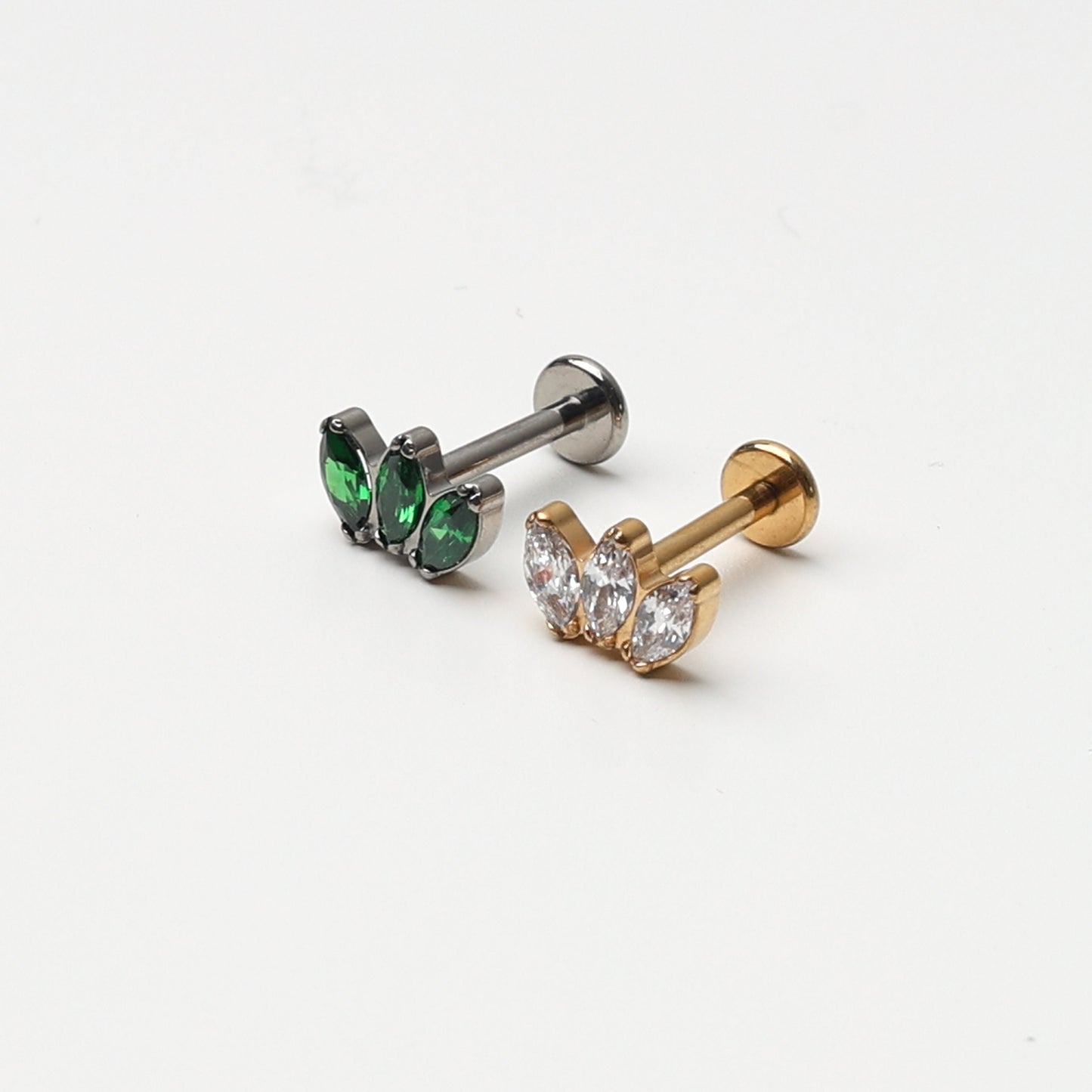 Titanium Triple Marquise Fan Stud, Clear CZ Marquise Flatback Earrings, CZ Crown Stud, Gold or Silver, Emerald Green