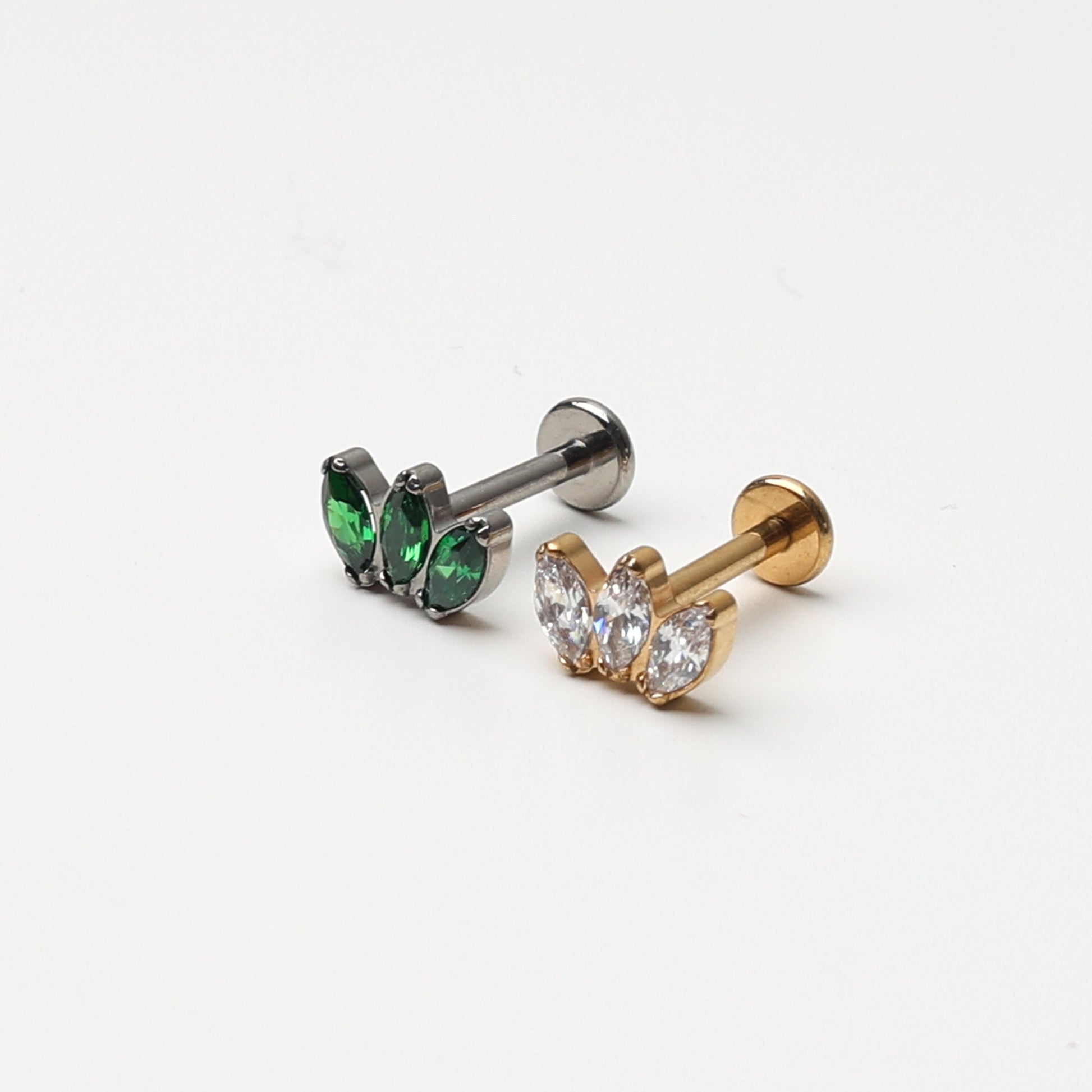 Titanium Triple Marquise Fan Stud, Clear CZ Marquise Flatback Earrings, CZ Crown Stud, Gold or Silver, Emerald Green