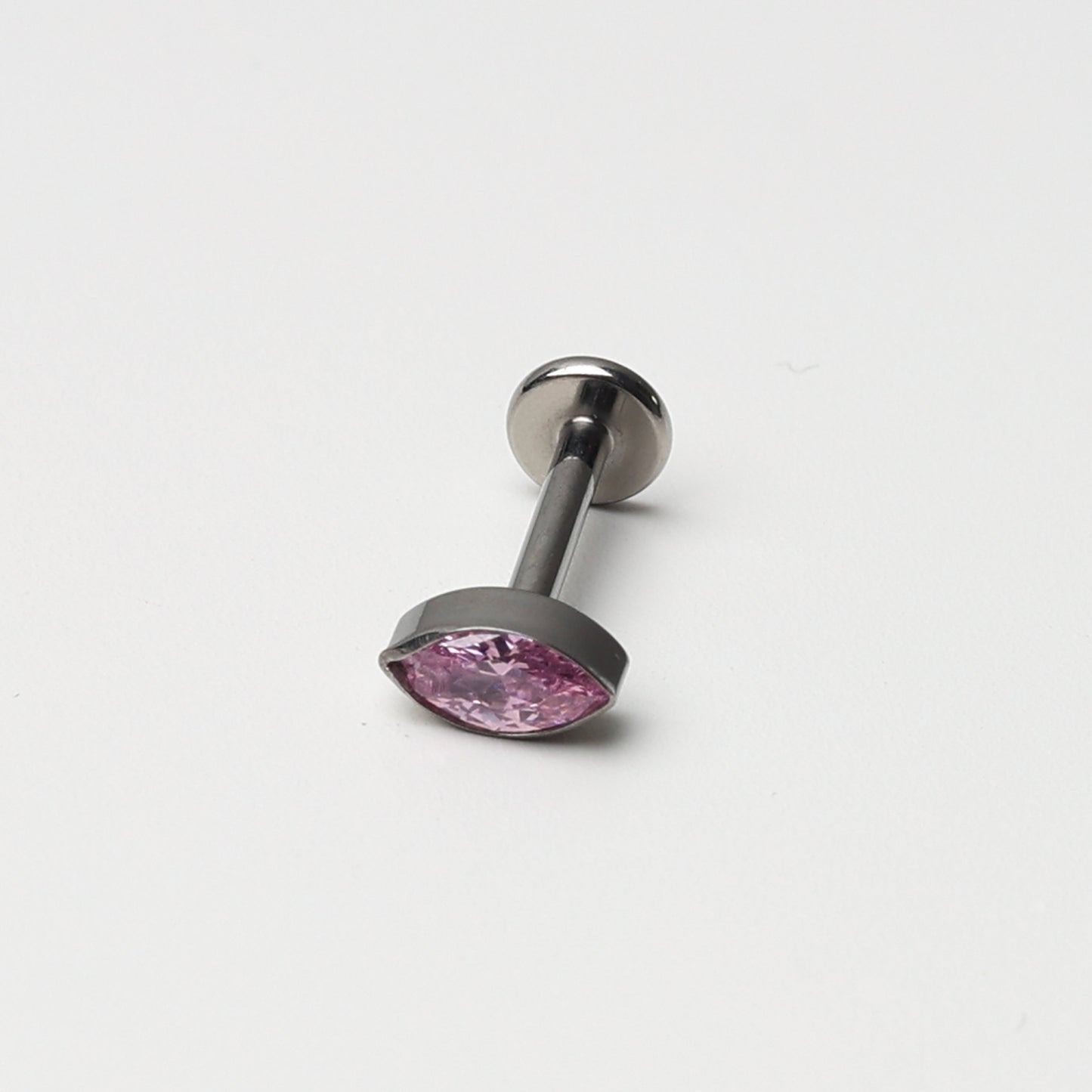 Threadless Tiny Titanium Teardrop Threadless Flatback Earring With Pink Cubic Zirconia Gem, Labret Bar, 8mm, Silver Earring, Conch Jewellery