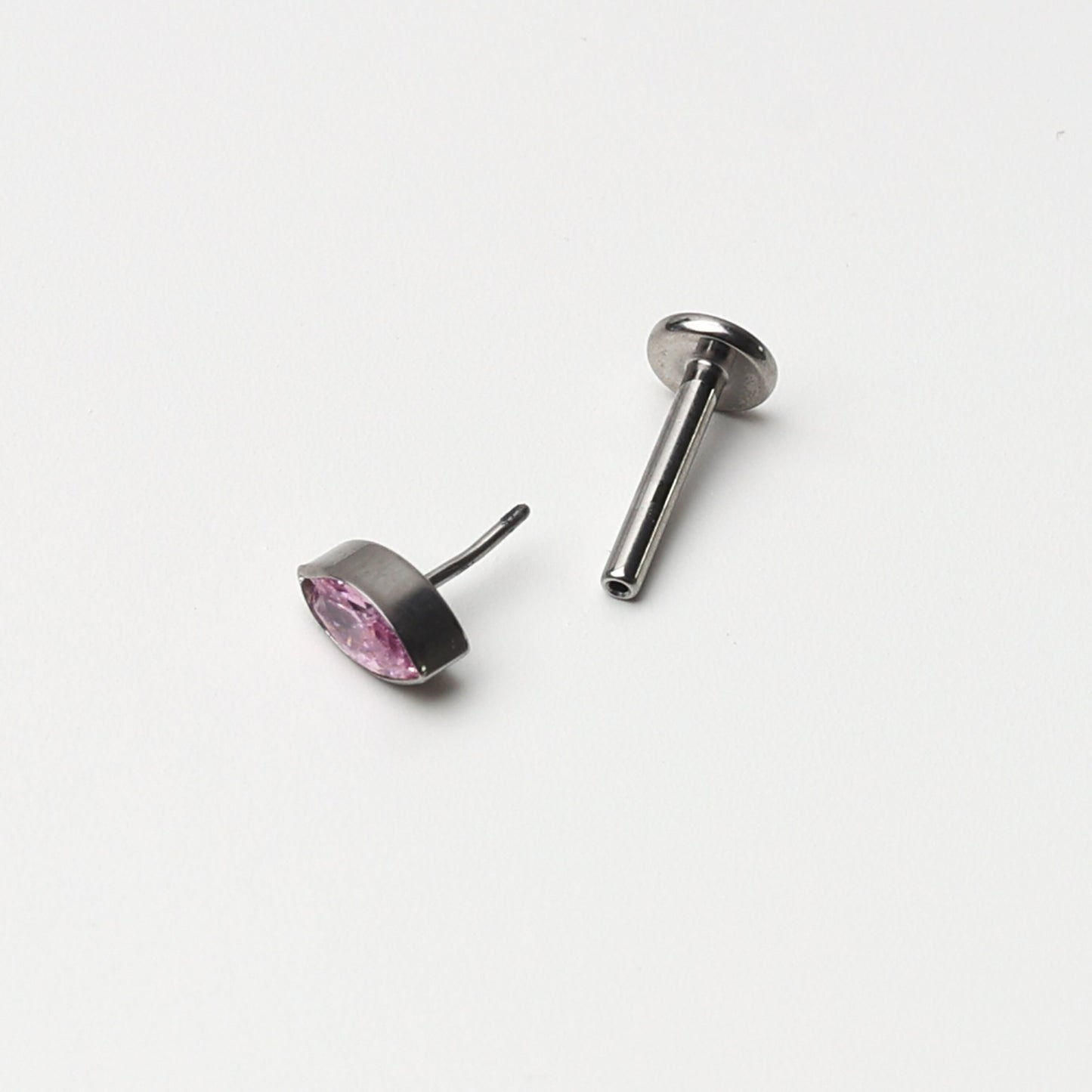 Threadless Tiny Titanium Teardrop Threadless Flatback Earring With Pink Cubic Zirconia Gem, Labret Bar, 8mm, Silver Earring, Conch Jewellery