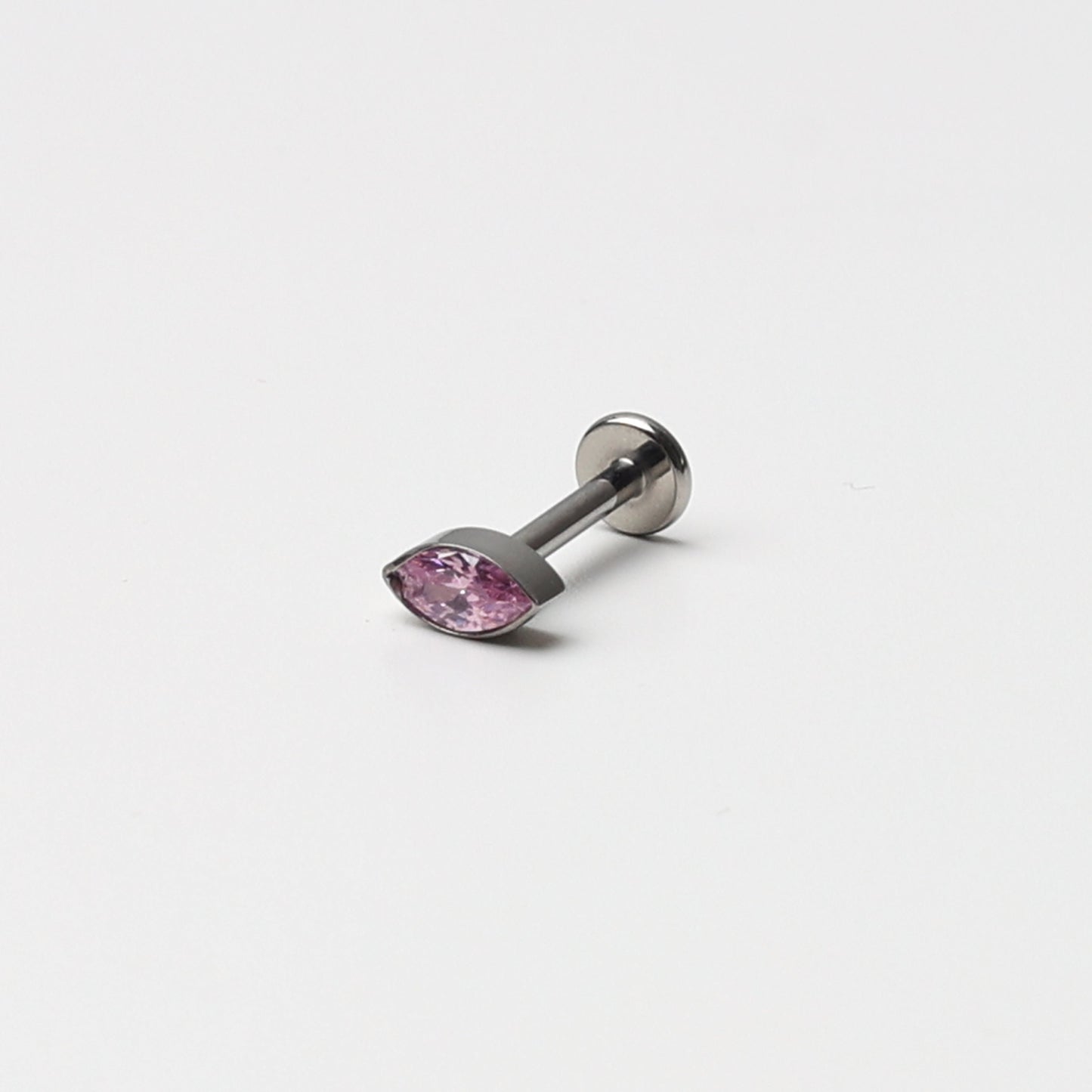 Threadless Tiny Titanium Teardrop Threadless Flatback Earring With Pink Cubic Zirconia Gem, Labret Bar, 8mm, Silver Earring, Conch Jewellery