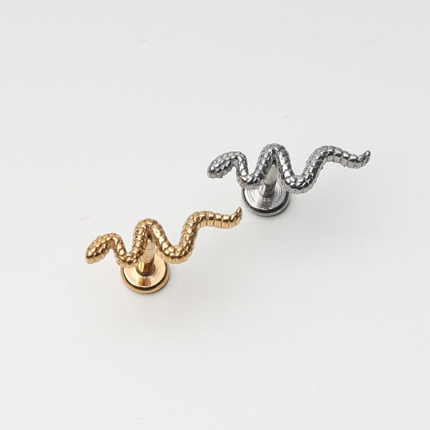 Tiny Serpent Cartilage Stud Earrings, Snake tragus, Snake Conch Earrings, Cartilage Helix, Flat Back Labret Stud, Serpent Jewelry, Steel