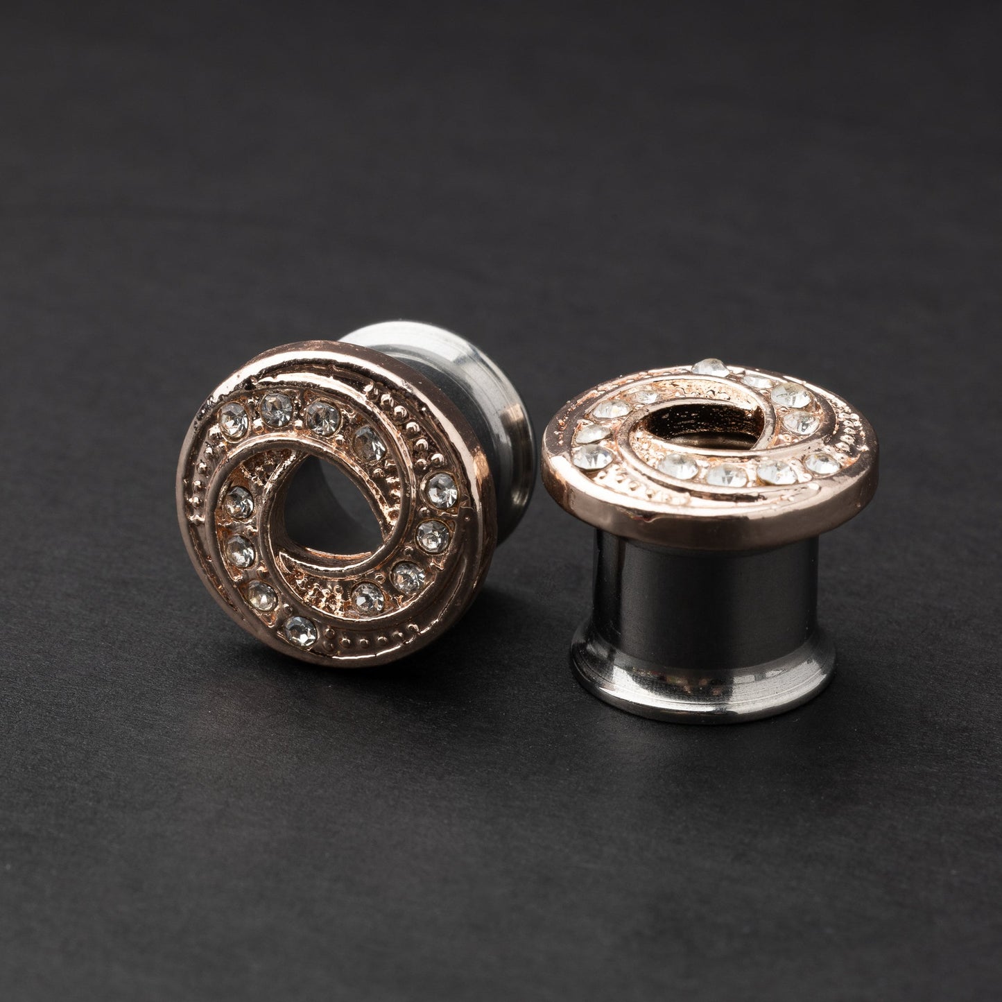 Pair of Jewelled Tunnels - Rose Gold and Silver - 316L Surgical Steel Ear Gauges - Plugs For Stretched Ears - Ear Stretchers - Flesh Tunnels