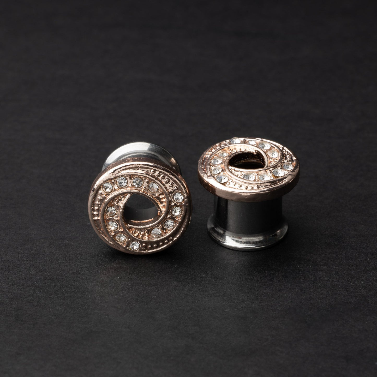 Pair of Jewelled Tunnels - Rose Gold and Silver - 316L Surgical Steel Ear Gauges - Plugs For Stretched Ears - Ear Stretchers - Flesh Tunnels