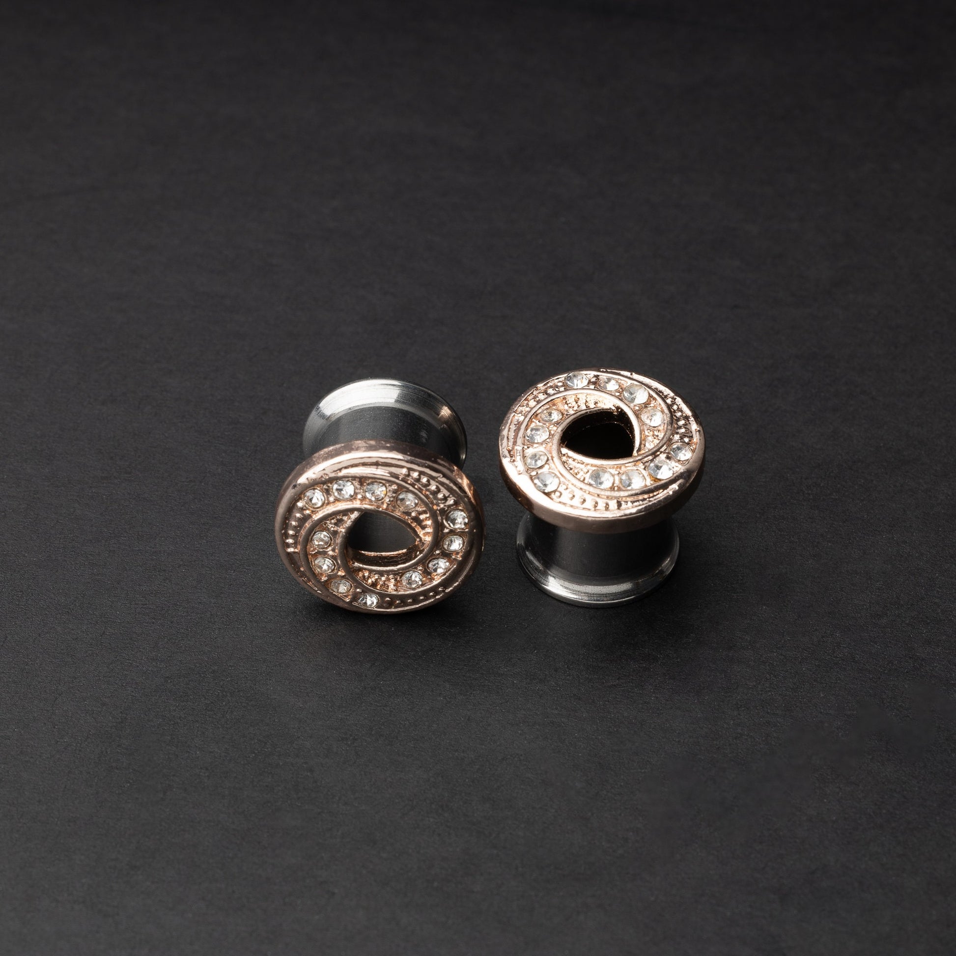 Pair of Jewelled Tunnels - Rose Gold and Silver - 316L Surgical Steel Ear Gauges - Plugs For Stretched Ears - Ear Stretchers - Flesh Tunnels