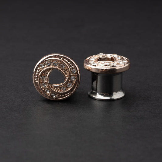 Pair of Jewelled Tunnels - Rose Gold and Silver - 316L Surgical Steel Ear Gauges - Plugs For Stretched Ears - Ear Stretchers - Flesh Tunnels