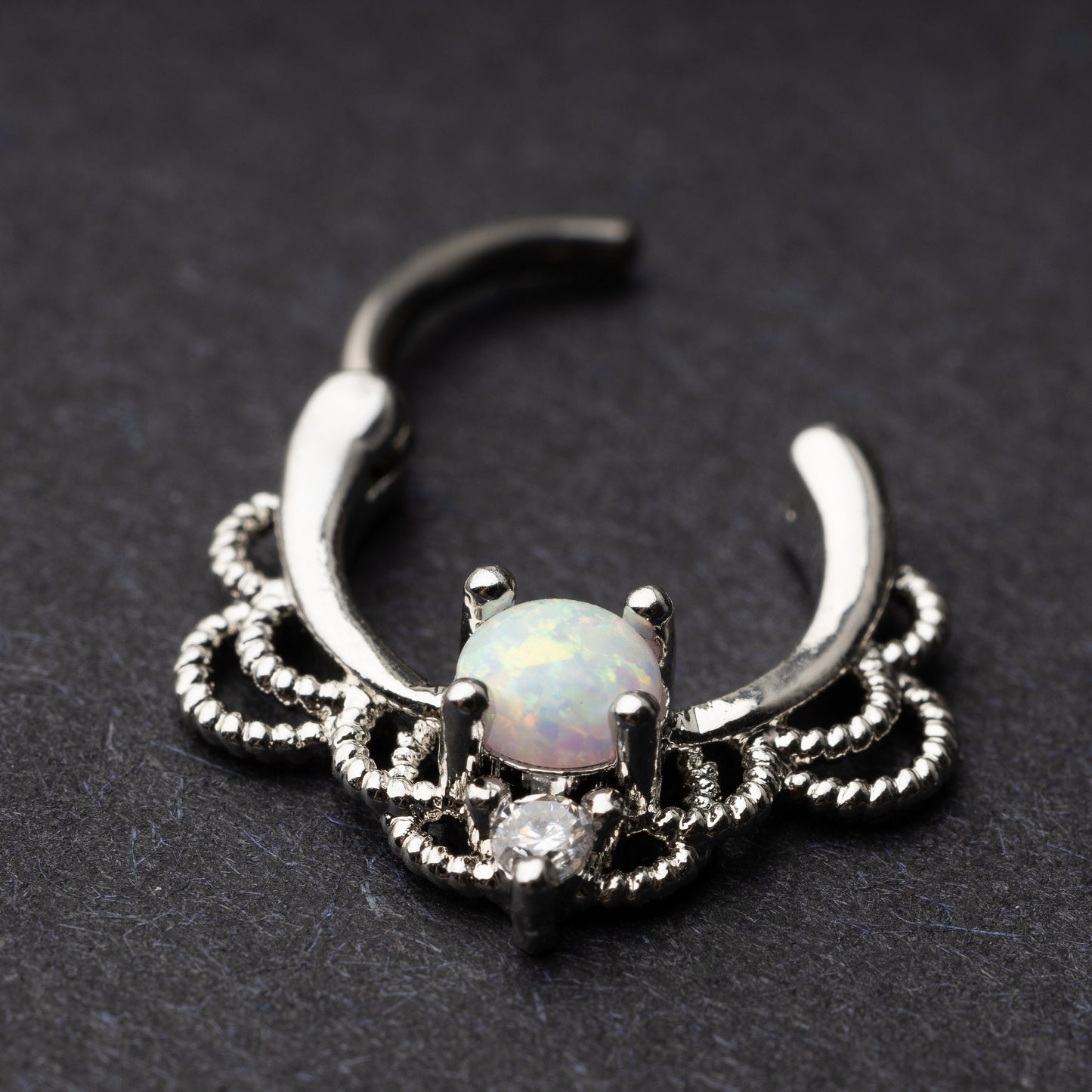 Opal Ornate Septum Ring - Septum Clicker 16 Gauge 1.2mm Opal Jewelled Filigree Hinged Segment Clicker - Nose - Conch - Ear