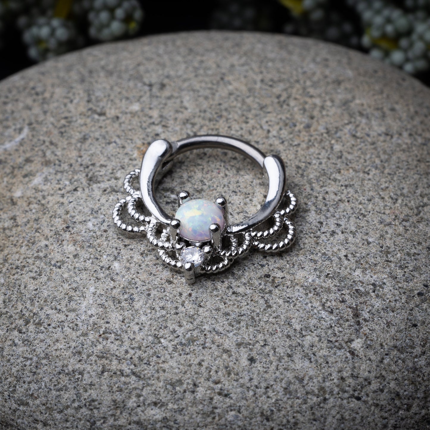 Opal Ornate Septum Ring - Septum Clicker 16 Gauge 1.2mm Opal Jewelled Filigree Hinged Segment Clicker - Nose - Conch - Ear