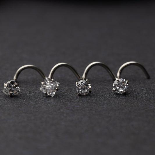 Stainless Steel Nose Screws, Nose Studs, Jewelled Nose Rings, 0.8mm Nose Piercing, Heart Round and Square Shaped Jewels