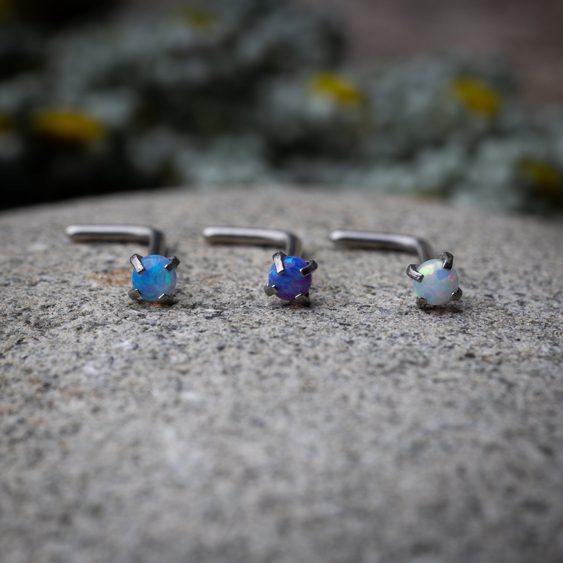 Opal Stainless Steel L Shape Nose Studs, Jewelled Nose Rings, 0.8mm Nose Piercing, Fire, OP17, Blue Opal