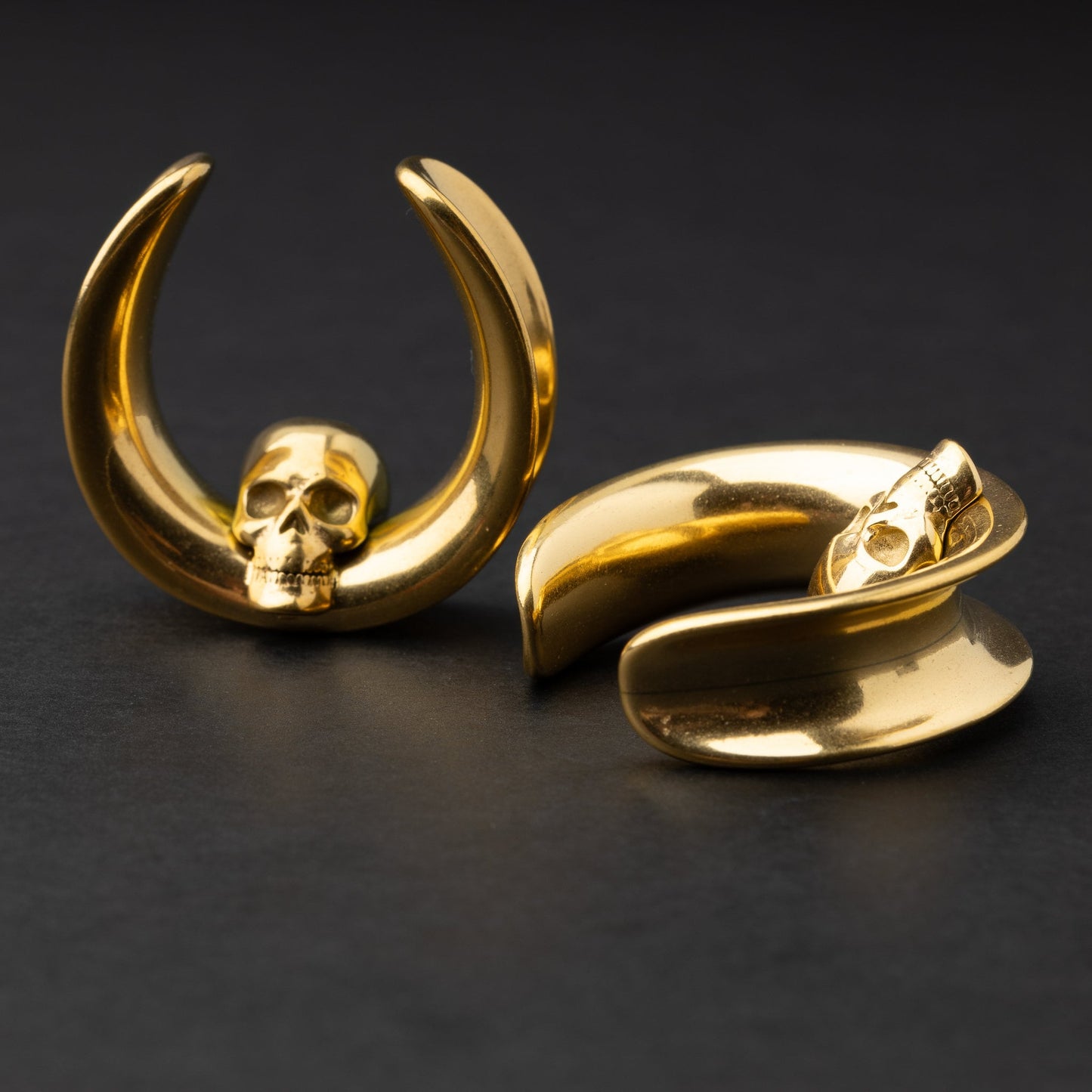 Pair of Skull Ear Tunnels, Saddle Ear Plugs in Gold, Silver, and Black. Ear Saddle Hangers For Stretched Ears, Gothic Plugs and Tunnels