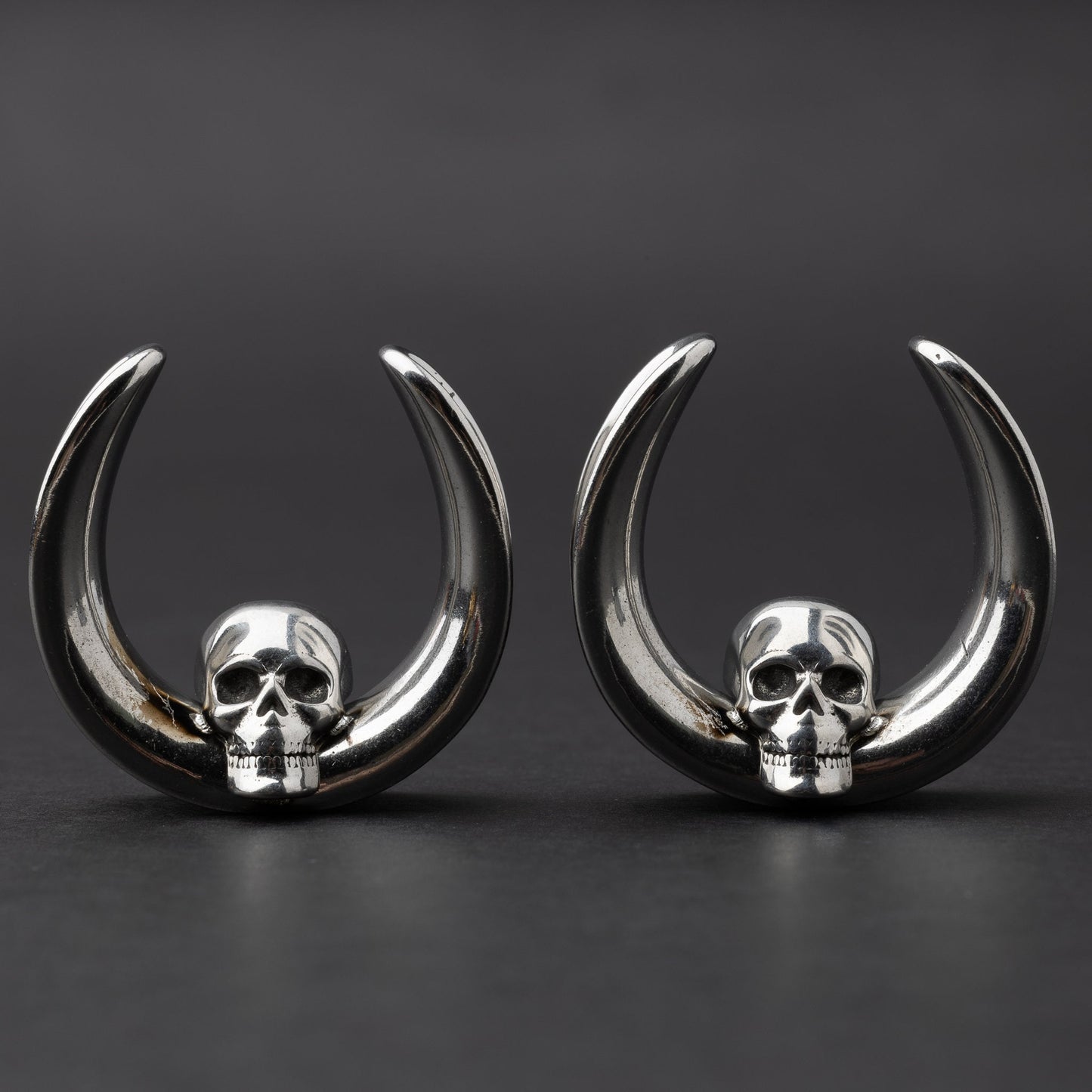 Pair of Skull Ear Tunnels, Saddle Ear Plugs in Gold, Silver, and Black. Ear Saddle Hangers For Stretched Ears, Gothic Plugs and Tunnels