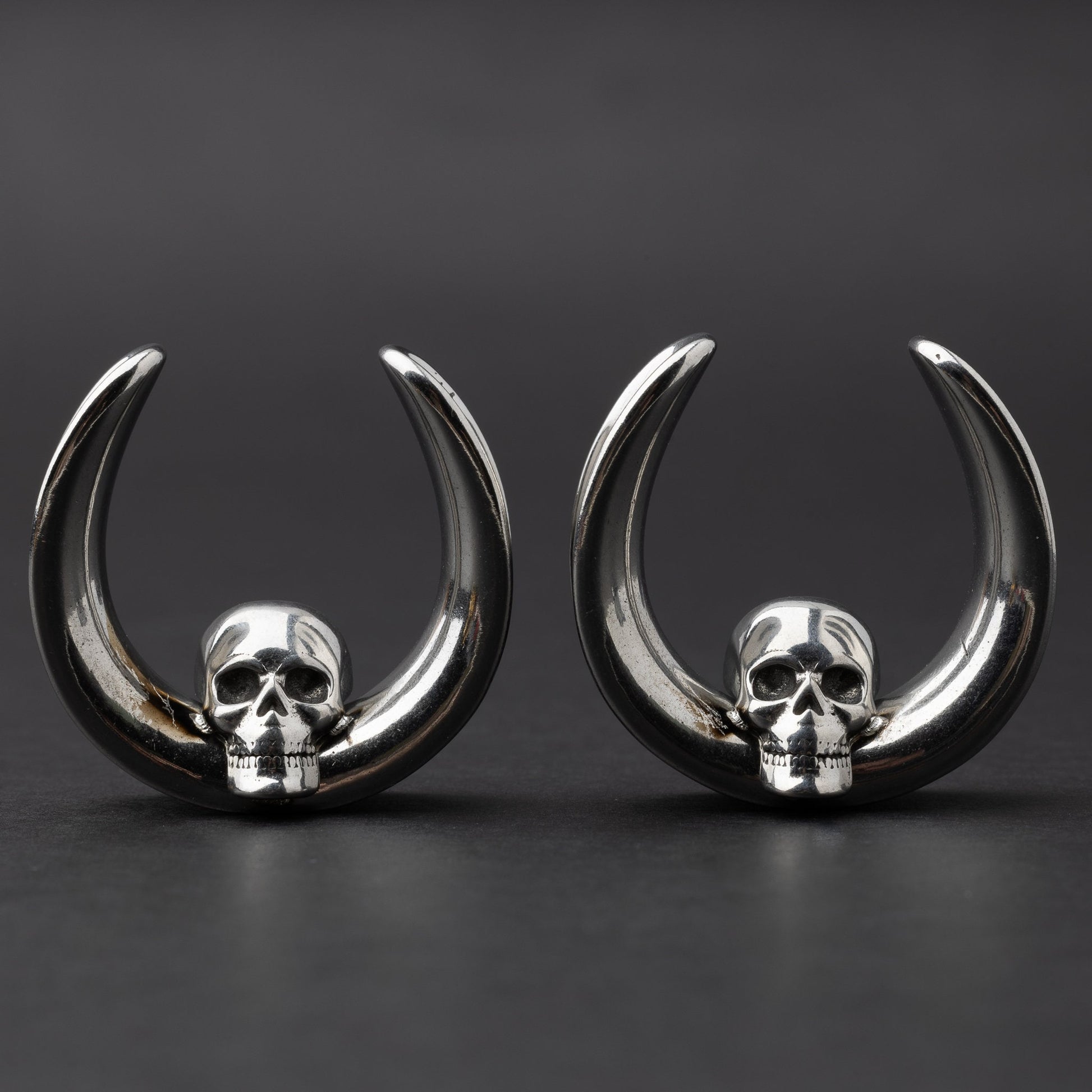 Pair of Skull Ear Tunnels, Saddle Ear Plugs in Gold, Silver, and Black. Ear Saddle Hangers For Stretched Ears, Gothic Plugs and Tunnels