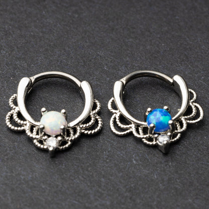 Opal Ornate Septum Ring - Septum Clicker 16 Gauge 1.2mm Opal Jewelled Filigree Hinged Segment Clicker - Nose - Conch - Ear