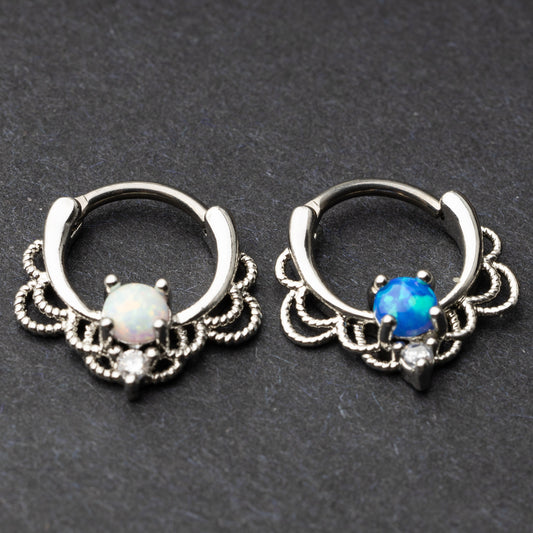 Opal Ornate Septum Ring - Septum Clicker 16 Gauge 1.2mm Opal Jewelled Filigree Hinged Segment Clicker - Nose - Conch - Ear