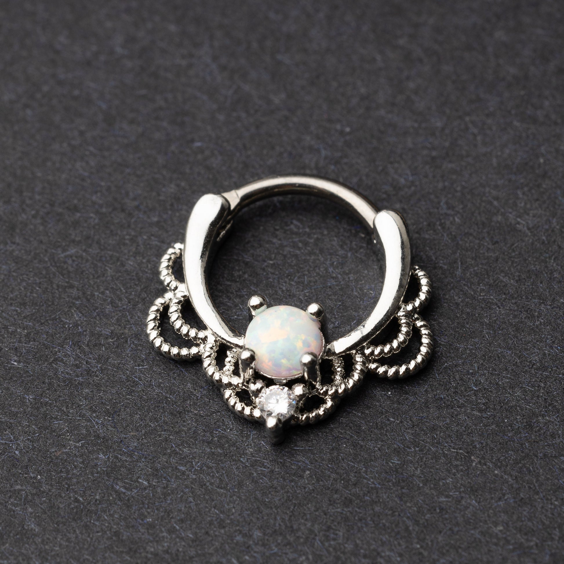 Opal Ornate Septum Ring - Septum Clicker 16 Gauge 1.2mm Opal Jewelled Filigree Hinged Segment Clicker - Nose - Conch - Ear