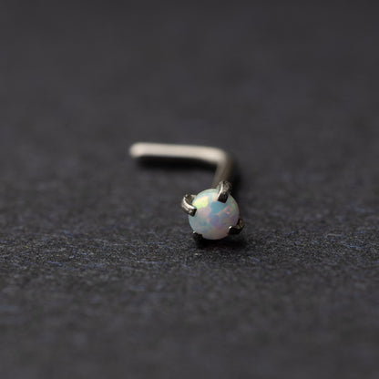 Opal Stainless Steel L Shape Nose Studs, Jewelled Nose Rings, 0.8mm Nose Piercing, Fire, OP17, Blue Opal