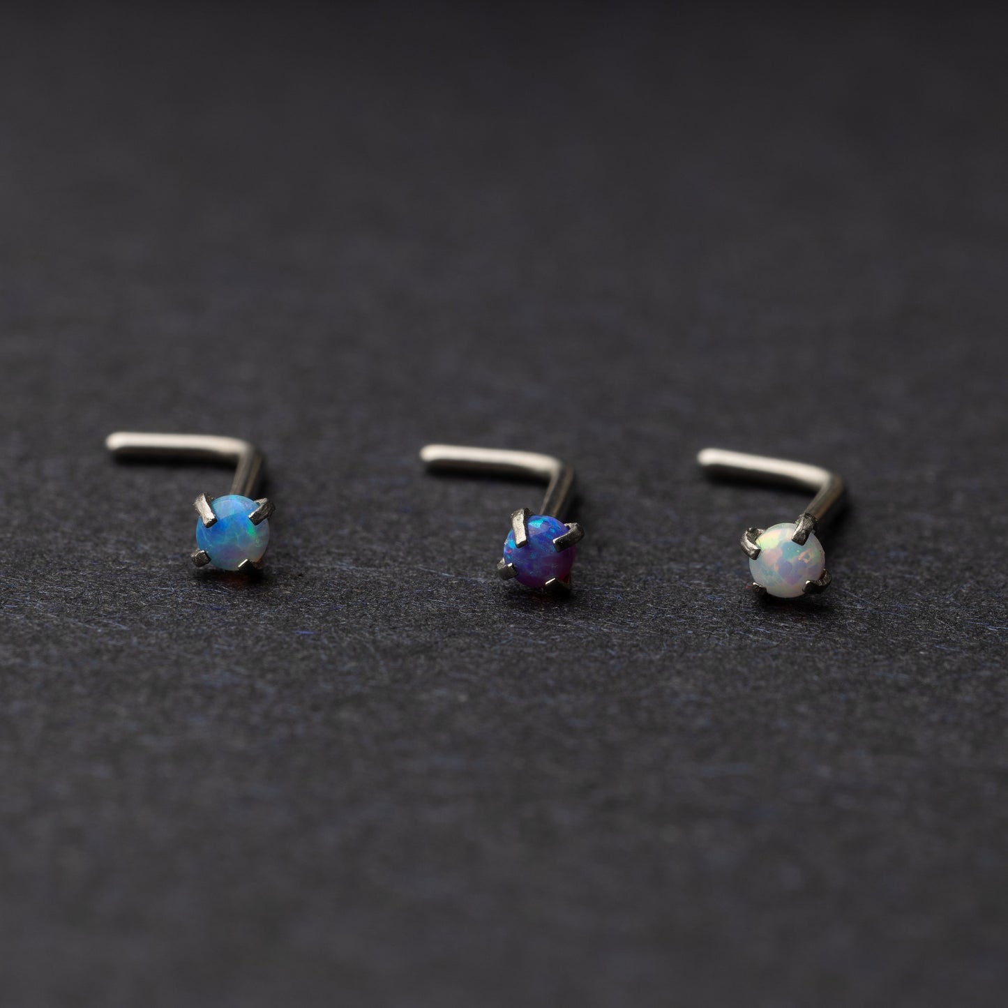 Opal Stainless Steel L Shape Nose Studs, Jewelled Nose Rings, 0.8mm Nose Piercing, Fire, OP17, Blue Opal