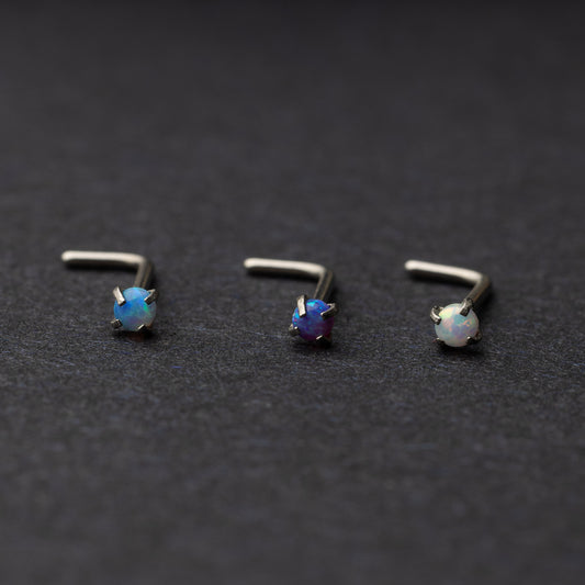 Opal Stainless Steel L Shape Nose Studs, Jewelled Nose Rings, 0.8mm Nose Piercing, Fire, OP17, Blue Opal