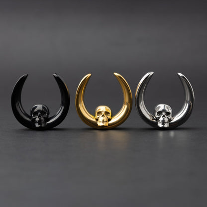 Pair of Skull Ear Tunnels, Saddle Ear Plugs in Gold, Silver, and Black. Ear Saddle Hangers For Stretched Ears, Gothic Plugs and Tunnels