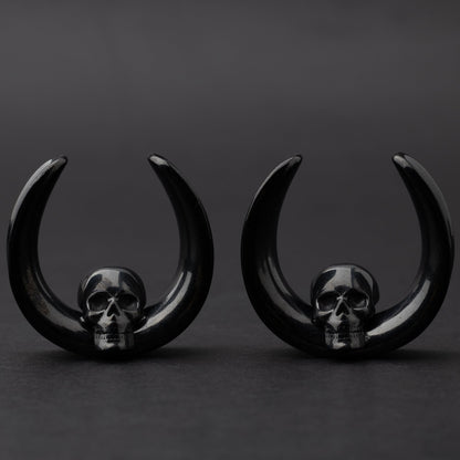 Pair of Skull Ear Tunnels, Saddle Ear Plugs in Gold, Silver, and Black. Ear Saddle Hangers For Stretched Ears, Gothic Plugs and Tunnels