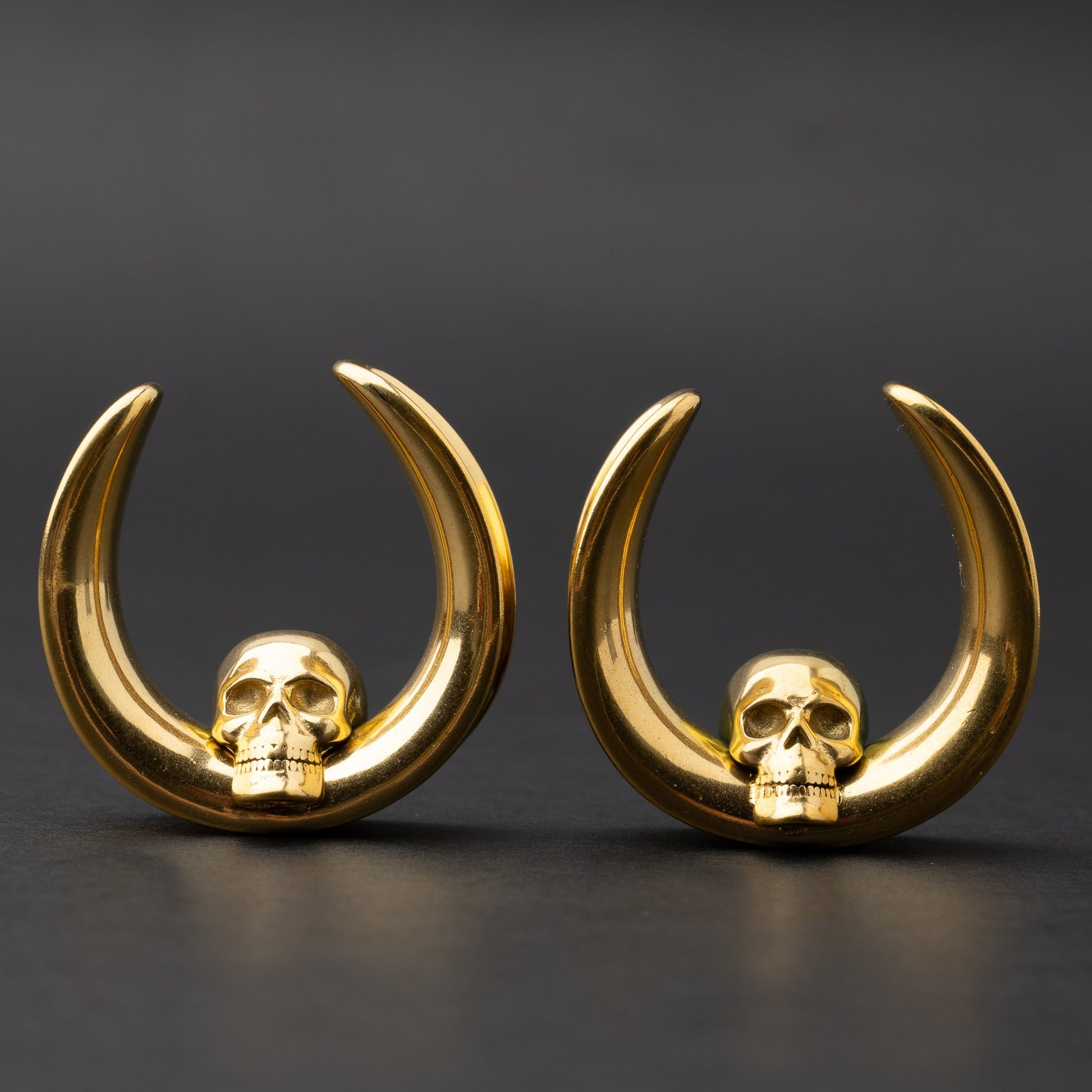 Pair of Skull Ear Tunnels, Saddle Ear Plugs in Gold, Silver, and Black. Ear Saddle Hangers For Stretched Ears, Gothic Plugs and Tunnels