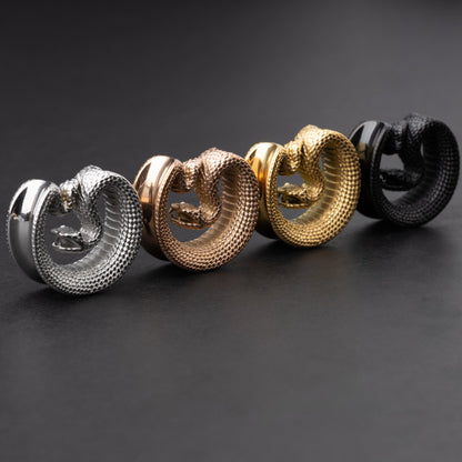 Pair of Ornate Snake Ear Tunnels, Saddle Ear Plugs in Gold Silver Black and Rose. Ear Saddle Hangers For Stretched Ears, Plugs and Tunnels