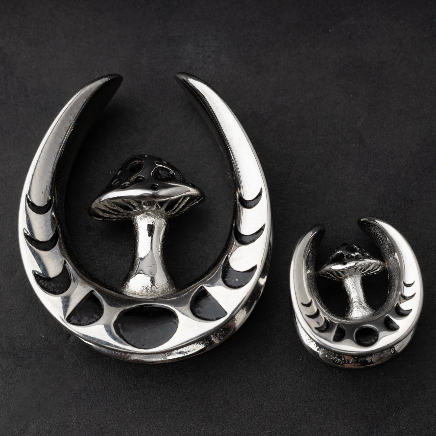 Pair of Mushroom Ear Tunnels, Saddle Ear Plugs in Gold, Silver, and Black. Ear Saddle Hangers For Stretched Ears, Gothic Plugs and Tunnels